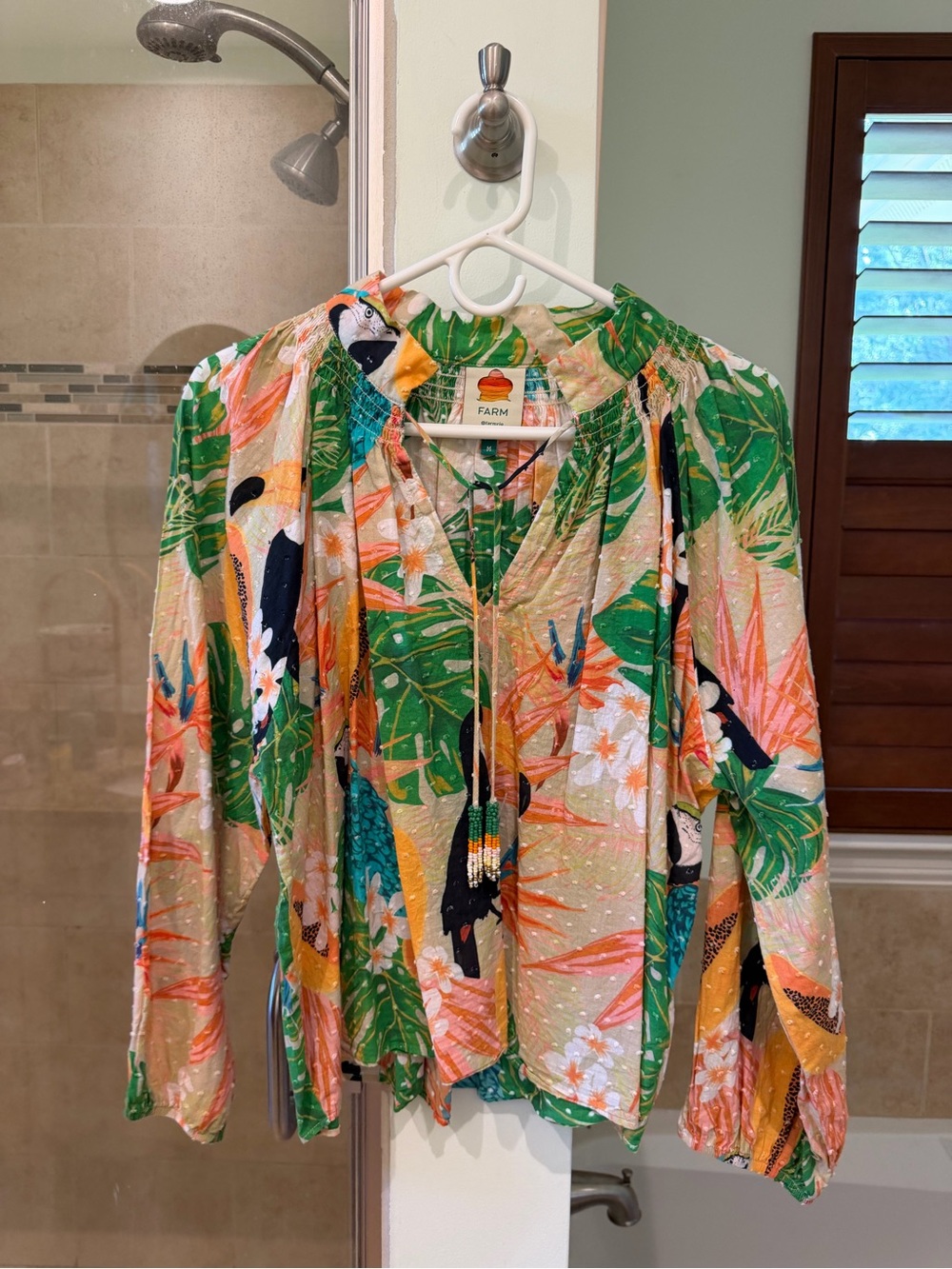 FARM Rio Green Multi Tropical Toucan Peasant Top